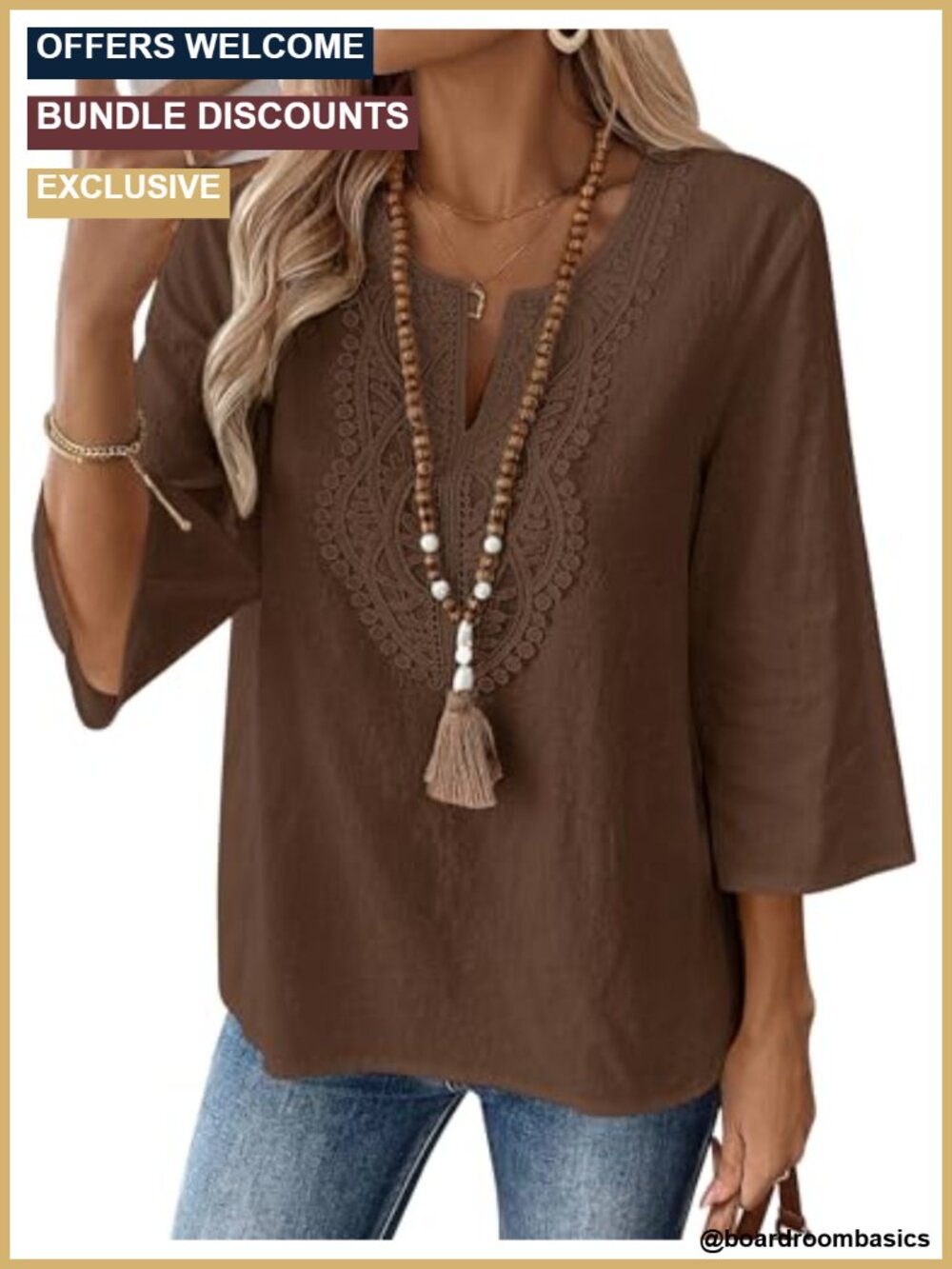 Linen Cotton V-Neck Lace 3/4 Sleeve Tunic Top